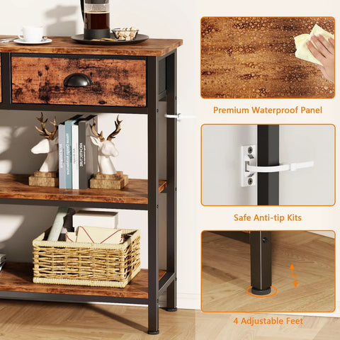 Heavy Duty 47 Inch Console Table With Upgraded Fabric Drawers And Spacious Three Tier Open Shelving Goes Smooth Behind Your Couch For Quick Living Room Update Rustic Brown Design showing detailed features.