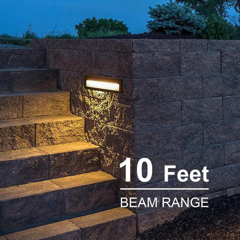 Low Voltage Outdoor Step Lights Kit 12V AC Landscape Stair Lighting 8 Pack on stone steps with 10-foot beam range at night