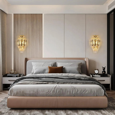 Modern K9 Crystal Wall Sconce With Gold Finish Luxury Bedroom Wall Light elegantly mounted above bed on both sides