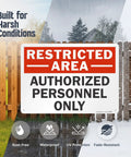 Restricted Area Authorized Personnel Only Heavy Duty Rustproof Aluminum Safety Sign 10 By 14 Inch outdoors in harsh weather conditions.
