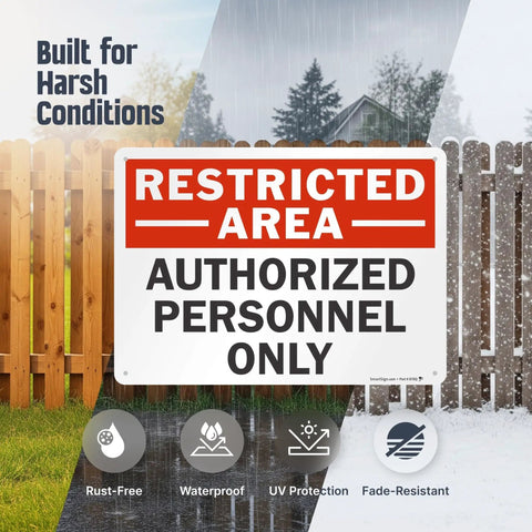 Restricted Area Authorized Personnel Only Heavy Duty Rustproof Aluminum Safety Sign 10 By 14 Inch outdoors in harsh weather conditions.