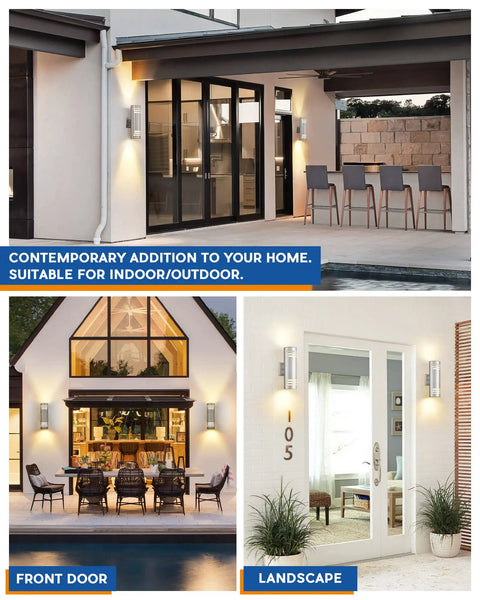 Two Pack Dope Outdoor Wall Light Up Down Modern Sconce With Stainless Steel Cylinder In Brushed Nickel Exterior Lighting Fixtures IP65 Waterproof Patio Porch in stylish home settings featuring patio, doorway, and landscape views.