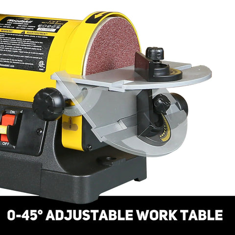 Close-up of Beast Belt And Disc Sander For Woodworking adjustable work table showing 0-45° range on Pro Model with Direct Drive Motor.
