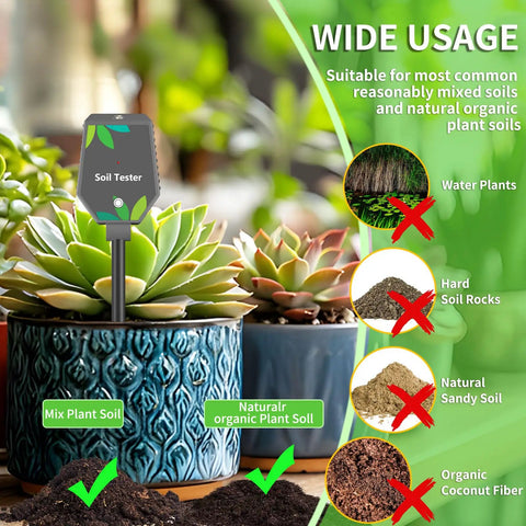 8 In 1 Soil Tester Meter For Plants That Checks Moisture pH EC Fertility Light Salt Temperature And Air Humidity in use with succulents and soil types shown.
