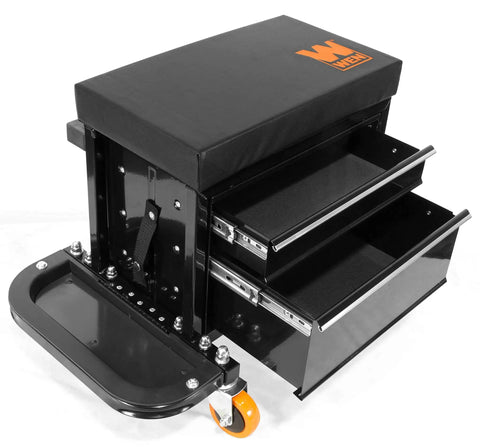 400-Pound Capacity Garage Glider Rolling Tool Chest Seat With Storage Pouch Cushioned Pad Magnetic Foldable Trays