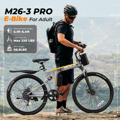 Man standing with Foldable Electric Bike For Adults With 750W Peak Motor And 48V Battery 50 Miles, in a scenic outdoor setting.