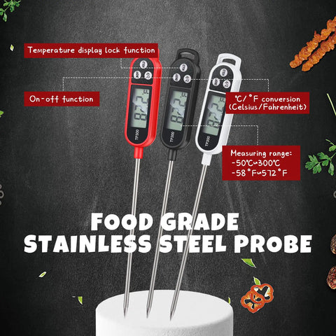 Six Pack Instant Read Meat Thermometers With Long Probes Waterproof Digital Thermometer For BBQ Grilling And Home Cooking 9.65 Inch Probes Works For Water Milk Yogurt Candy And Liquids Round And Square Ring Black White Red, three stainless steel probes with digital displays