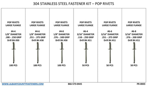 Assorted 304 stainless pop rivets with large flange, various sizes, labeled in compartments, from 451-Piece Stainless Steel Large Flange Pop Rivet Assortment Kit, 1/8 To 3/16 Inch Rivets, Size Four To Six, 304 Stainless, Heavy-Duty Fasteners With Durable Plastic Organizer Box, Pro Grade For Auto, Marine, And DIY Fixes