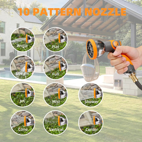 Retractable Garden Hose Reel With Wall Mount Half Inch By One Hundred Foot Hose showing 10 pattern nozzle options
