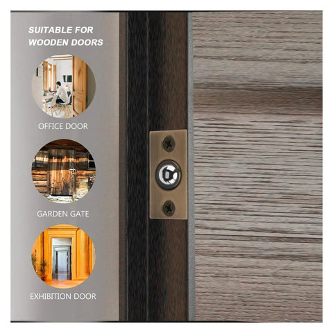 Cool And Sturdy Ball Catch For Top Of Door With Built-In Spring Invisible Latch, shown installed on wooden door.