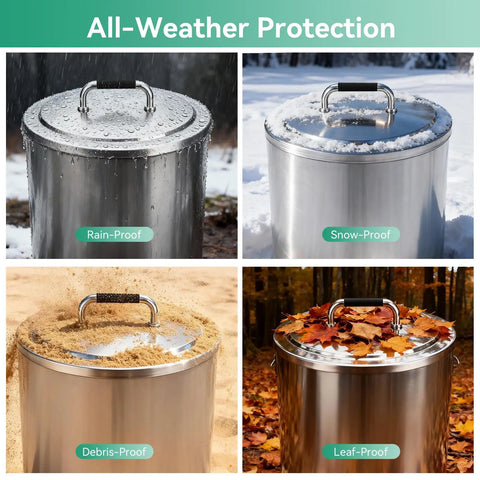 Beefy Round 19.7 Inch Fire Pit Lid showing all-weather protection with rain, snow, debris, and leaf-proof design.