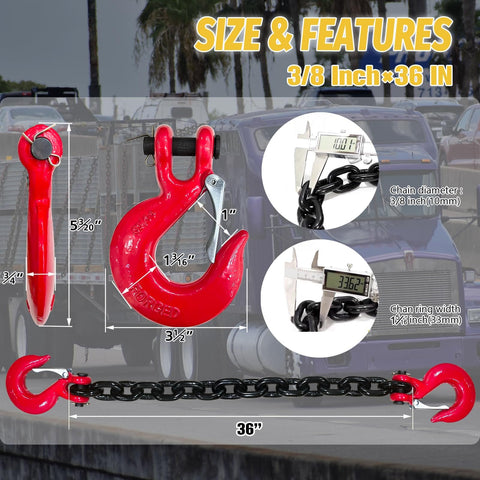 2 Pack Three Eighth Inch G80 Trailer Safety Chains 36 Inch With G70 Clevis Hooks 7100 Lb Working Load 27000 Lb Break Strength Beefy Heavy Duty