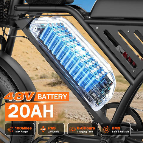 Close-up of 48V 20Ah battery on All Terrain Fat Tire Electric Bike For Adults With 36 MPH Top Speed, 100 Mile Range, 2500W Motor, NFC Unlock.