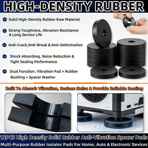 Twelve Pack Tough Rubber Anti Vibration Pads With A Beefy 1.5 Inch Width, high-density rubber for noise reduction and vibration absorption.