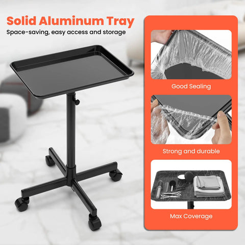 Rolling Salon Cart With Wheels Mobile Styling Station Aluminum Tray Trolley For Salon Essentials Adjustable Height Hairstylist Tray With 10 Disposable Covers Portable And Durable showing black tray on wheels with cover inserts.