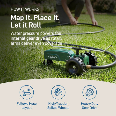 Self Propelled Traveling Sprinkler Delivers Hands Free Wide Lawn Coverage With A Rugged Cast Iron Body on grass with hose
