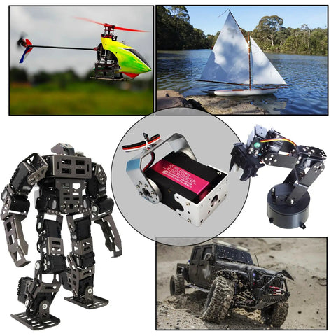 Beefy 150Kg Digital RC Servo With Dual Shafts, pictured with RC helicopter, sailboat, crawler, robotic arm, and robot. Wide 270° rotation.
