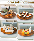21 Inch Acacia Wood Lazy Susan For Tabletop Giant Round Turntable Serving Tray showcasing uses with food and decor items.