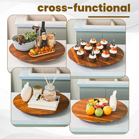 21 Inch Acacia Wood Lazy Susan For Tabletop Giant Round Turntable Serving Tray showcasing uses with food and decor items.