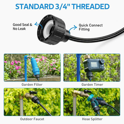 32 Foot Outdoor Misting Kit With Rustproof Nozzles Preassembled Seven Head Mister System Three Quarter Inch Adapter For Patio Chillin Greenhouse Pets And Chicken Coops Easy Maintenance And Cool Comfort with threaded adapter detail and garden setup.