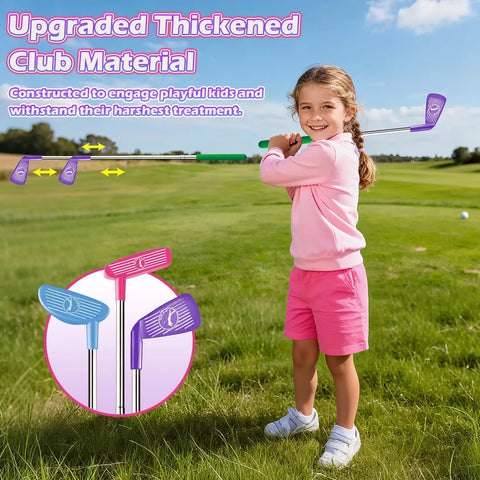 Child playing with Kids Golf Toy Set With Dinosaur Automatic Ball Return LED Light Up Night Balls 3 Clubs Putting Mat