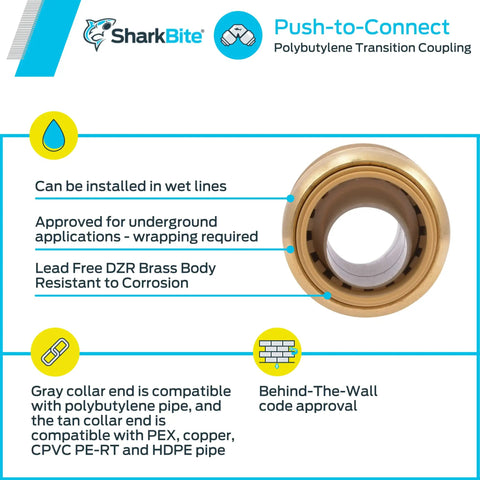 3/4 Inch Polybutylene Transition Coupling Brass Push To Connect Plumbing Fitting For PEX Copper CPVC PERT HDPE Easy Install In Tight Spaces Durable Transition Adapter