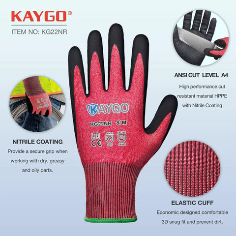 Cut Resistant Nitrile Coated Safety Gloves With Firm Grip ANSI Cut A4 KG22N Ideal For Construction Warehouse Woodworking And DIY Projects Durable Work Gloves For Heavy Duty Handling, showing glove design and features.