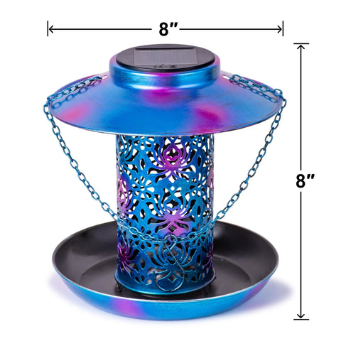 Blue Solar Bird Feeder For Outdoors Hanging Lantern With S Hook Weatherproof Metal Feeder Lights Up At Night And Is Water Resistant Cardinals Garden Decor