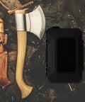 Rugged Black Portable Tool Case With Anti Collision Airtight Seal ABS Foam Padding next to an axe and sheath