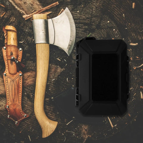 Rugged Black Portable Tool Case With Anti Collision Airtight Seal ABS Foam Padding next to an axe and sheath