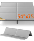 Full Size Bunkie Board 54X75 Delivers Flat Out Sturdy Support with grey cover showing dimensions on a bed frame.