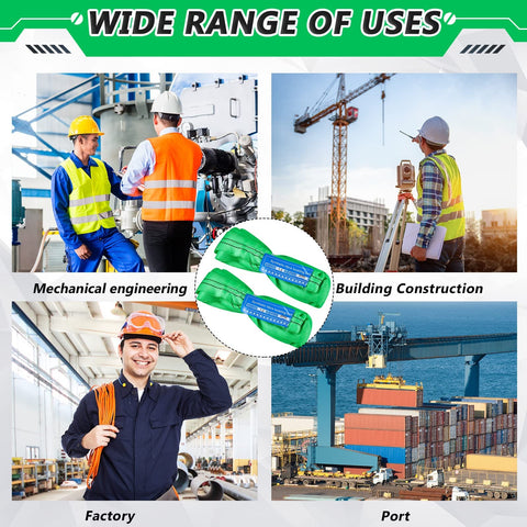 Two Pack Green Polyester Round Slings For Hoist And Towing featured in mechanical engineering, building construction, factory, port.