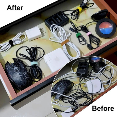 Must Have 150 Piece Cable Tie Set With 4 6 8 10 Inch Reusable Hook And Loop Wire Straps In Assorted Colors organizing cords in drawer