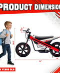 Kids Electric Dirt Bike With 24V 300W Motor, Two Speed Settings, Flashing LED Lights, Builtin Music Function, Durable Electric Bike For Ages Six And Up, Red shown with dimensions and child size reference