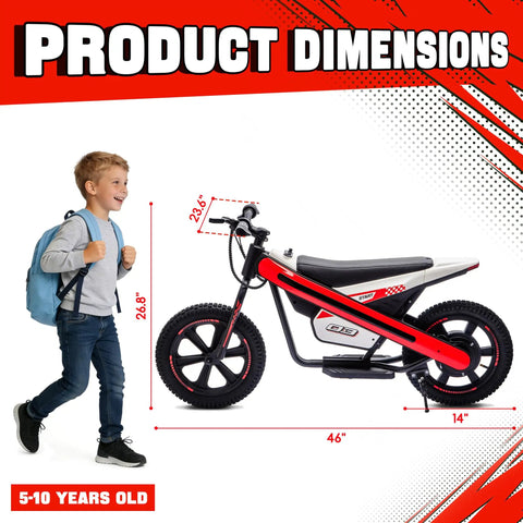 Kids Electric Dirt Bike With 24V 300W Motor, Two Speed Settings, Flashing LED Lights, Builtin Music Function, Durable Electric Bike For Ages Six And Up, Red shown with dimensions and child size reference