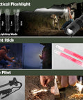 Tactical flashlight, light sticks, and fire flint from 320 Piece Survival Kit First Aid Kit Gear For Camping Hiking Car Home Office.