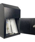 Drop Dead Secure Exterior Door Drop Box With Rear Access For Mail And Keys Anti Fishing Security Design Built Tough Zero Drama Operation In Matte Black, showing front view with opened door and mail inside.
