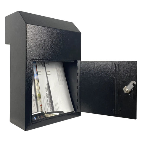 Drop Dead Secure Exterior Door Drop Box With Rear Access For Mail And Keys Anti Fishing Security Design Built Tough Zero Drama Operation In Matte Black, showing front view with opened door and mail inside.