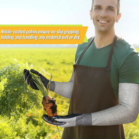Man wearing long gardening gloves with cut resistant sleeves and anti slip nitrile coated palms for a solid grip in the yard and garden