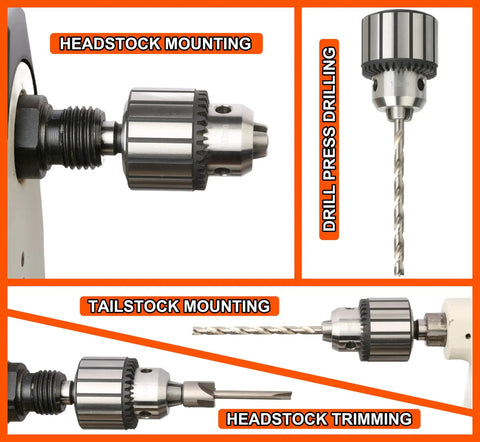 Heavy Duty 1/2 Inch Keyed Drill Chuck With Two Morse Taper Arbor in headstock and tailstock for wood lathe and drill press use.