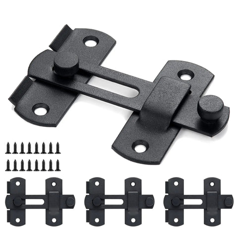 Four Pack Brushed Nickel Stainless Steel Barn Door Latches 3.93 Inch By 2.75 Inch Gate Flip Sliding Door Lock Bi Fold Door Lock Antique Style Latch For Wine Cabinet Closets with screws shown.