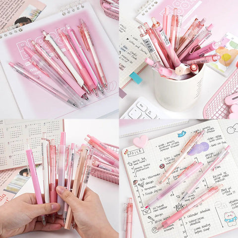 13 Pack Pink Gel Pens Set With 0.5mm Fine Tip Black Ink And 1 Highlighter arranged on desk with planner