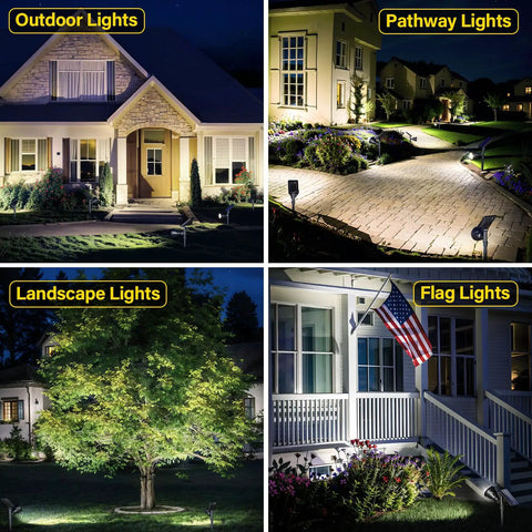 Four images showing Solar Powered Outdoor Spot Lights 600LM Waterproof Flood Lights illuminating a house, pathway, tree, and flag.