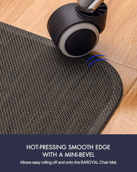Close-up of office chair wheel on espresso Office Chair Mat For Hardwood Floors And Hard Surfaces Under Desk Use Non Slip Heavy Duty PVC Desk Rug 36 Inch By 48 Inch With Smooth Silent Glide And Durable Rubber Backing Protects Wood Tile Laminate Espresso