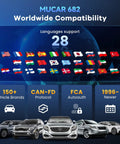 MUCAR 682 showcasing global compatibility with multiple flags, 150+ brands support, CAN-FD protocol, Bidirectional OBD2 Scanner All In One For All Car Systems With 3000 Plus Active Tests Pro Grade Diagnostic Tool For Real Repairs Active Component Testing CAN FD And FCA SGW Support 20 Plus Reset Functions Free Updates User Friendly.