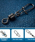 300 Pack Fishing Snap Swivels Tackle Barrel With Safety Snaps Beefed Up High Carbon Steel Nickel Coated For Saltwater And Freshwater Use Corrosion Resistant Long Lasting Two In One Rotating Fittings For Quick Replacement, nickel-coated snap swivel close-up