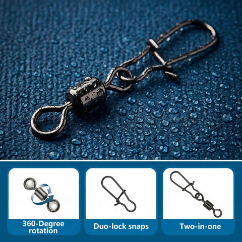 300 Pack Fishing Snap Swivels Tackle Barrel With Safety Snaps Beefed Up High Carbon Steel Nickel Coated For Saltwater And Freshwater Use Corrosion Resistant Long Lasting Two In One Rotating Fittings For Quick Replacement, nickel-coated snap swivel close-up