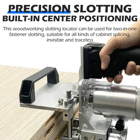 Badass Manual Mortise And Tenon Jig For Routers, precision wood slotting stand with handle and slotted wood base.