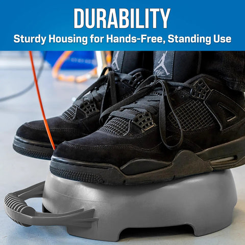 Person standing on Fiberglass Fish Tape Rodder 100 Ft Non Conductive Cable Puller with built-in handle for stability.