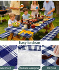 Waterproof Windproof Picnic Table and Bench Cover Set for 6-Foot Rectangular Tables, 72x30 Tablecloth, Blue Checkered